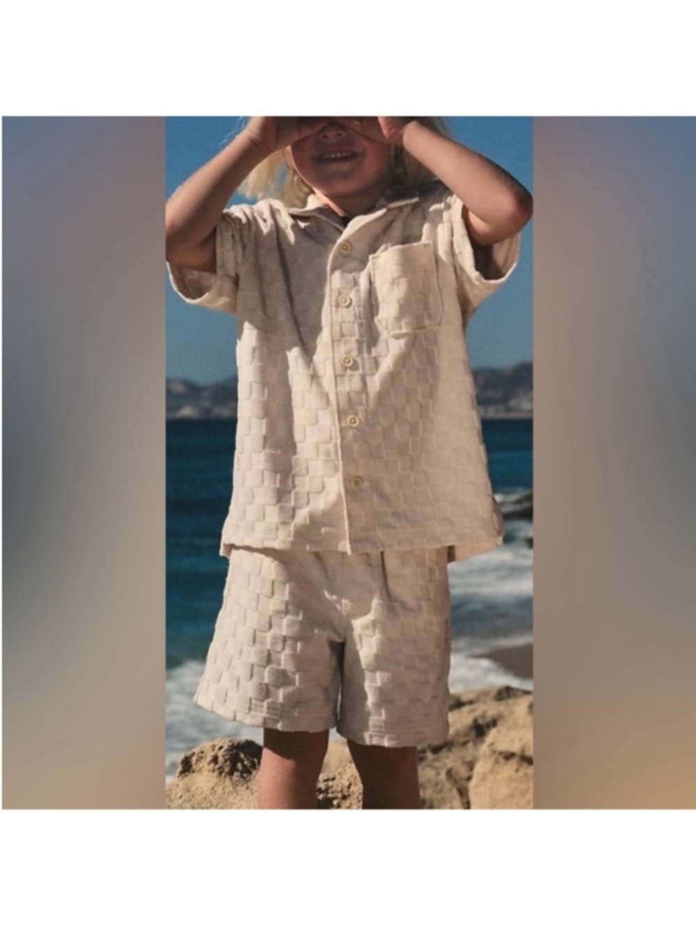 J Crew , Crewcuts Boys Cream Textured Button-Up Shirt & Shorts Terry Set, Sz 12